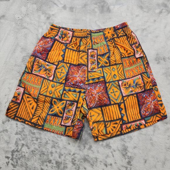Vintage Sunset Highway Swim Trunks Mens M Orange Tribal Floral Surf Lined Shorts - Picture 1 of 10